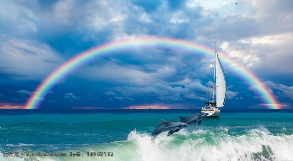 大海 帆船 彩虹 海豚 海水 海浪 浪花 蓝天 白云 天空 唯美 海景 船只 海上帆船 海洋生物 动物 大海风光 风景图 自然景观 自然风光