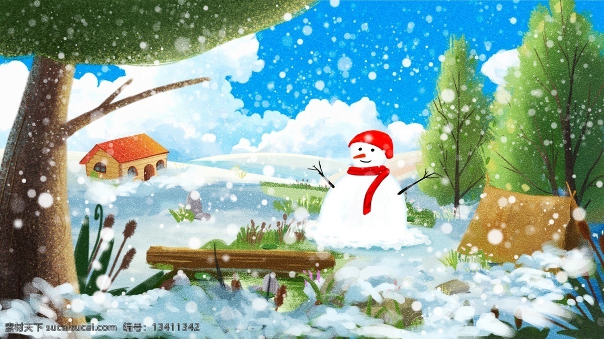 唯美 创意 冬天 雪景 立冬 小雪 大雪 初雪 插画 冬天雪景 壁纸 手机配图 电商用途