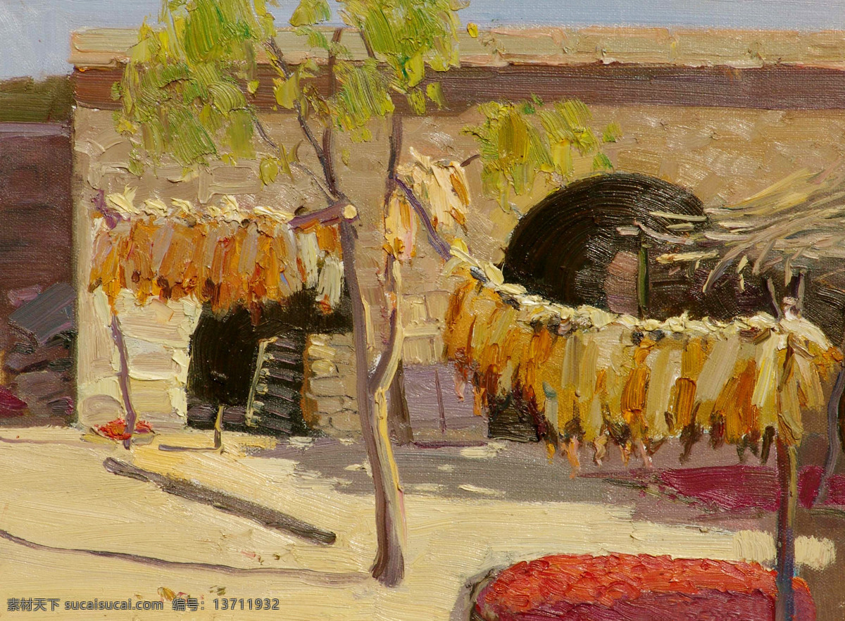 房子 风景 绘画书法 美术 农产品 农家 文化艺术 北方农家院子 油画 乡村 院子 玉米 油画艺术 油画作品34 家居装饰素材