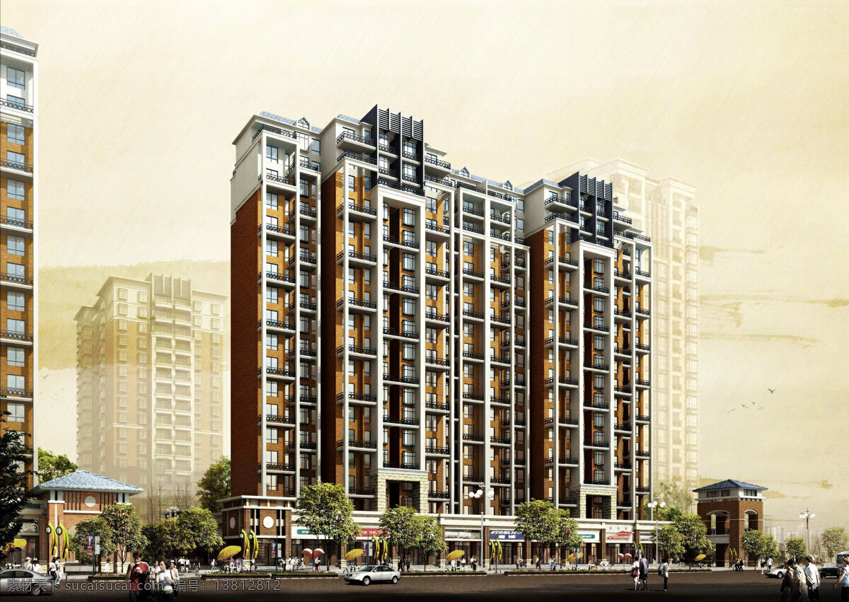 草地 房屋 高层建筑 花草 环境设计 建筑设计 建筑效果图 楼房 楼盘图片 高级住宅楼 商铺 树木 马路 汽车 绿化 行人 清新 天空 美丽小区 环境优美 建筑艺术