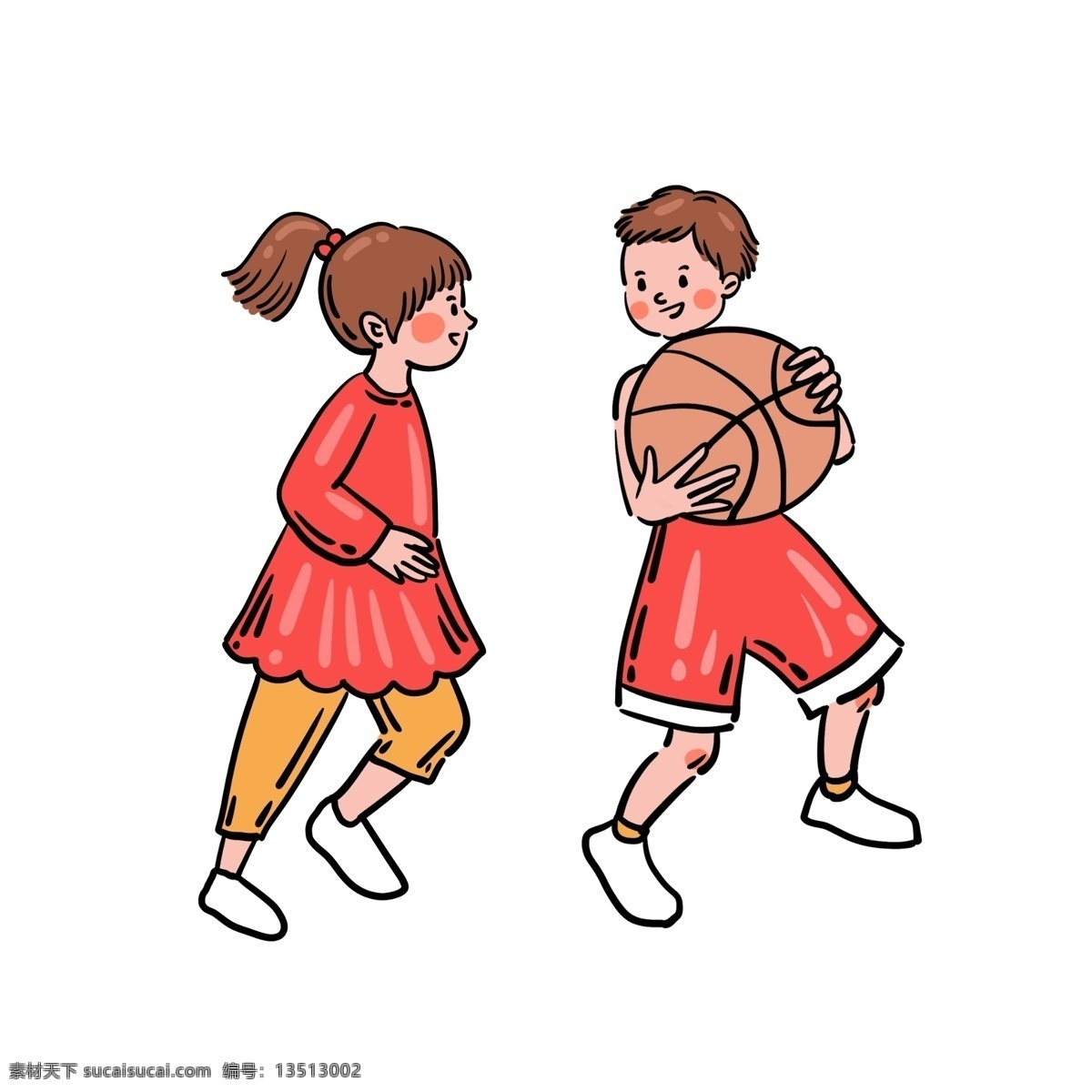 卡通 矢量 免 抠 可爱 篮球 人物 免抠 打篮球 女生 男生 黄色 红色 篮球衣 小白鞋 运动 夏季 快乐 开心