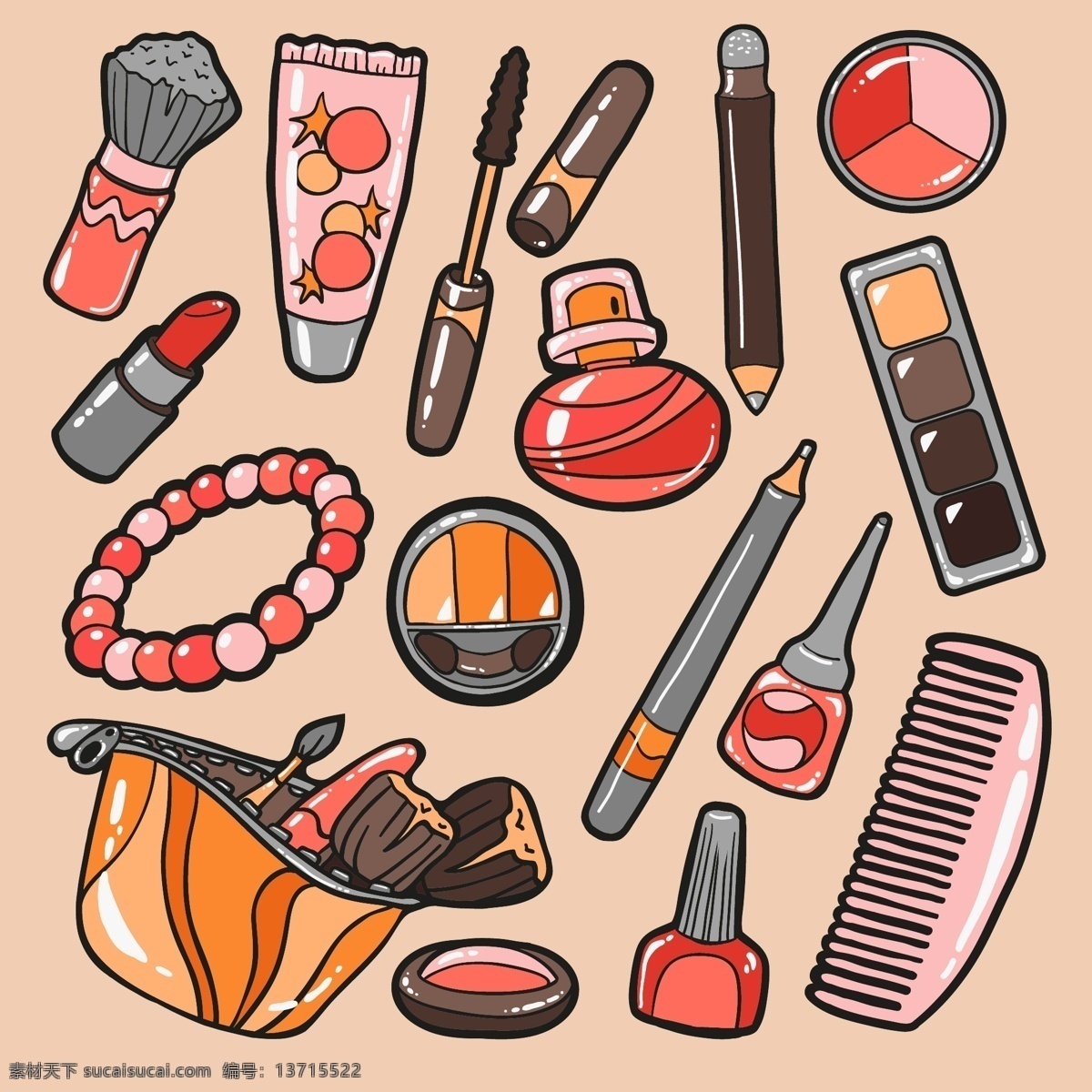 手绘 卡通 化妆品 插画 口红 指甲油 梳子 手霜
