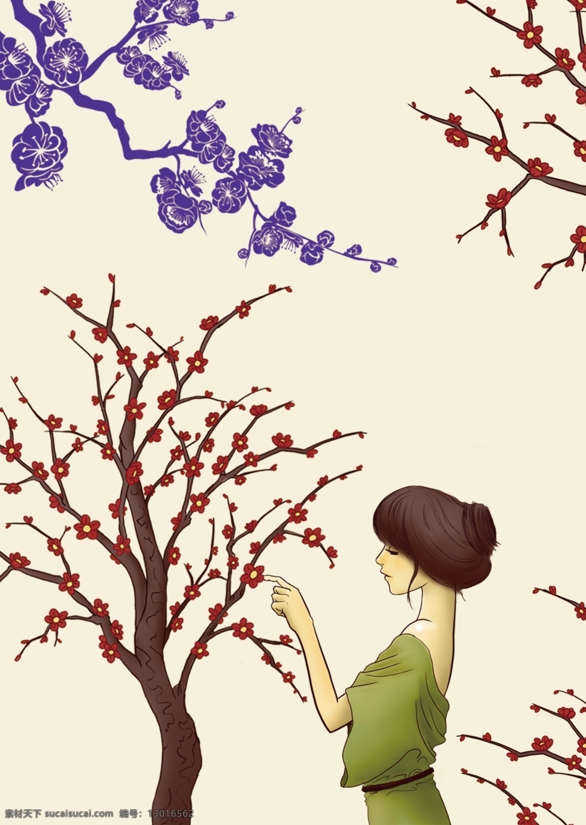 桃花树素材 蓝色桃花 红色桃花 桃花树 卡通人物 背景颜色 生物世界 树木树叶