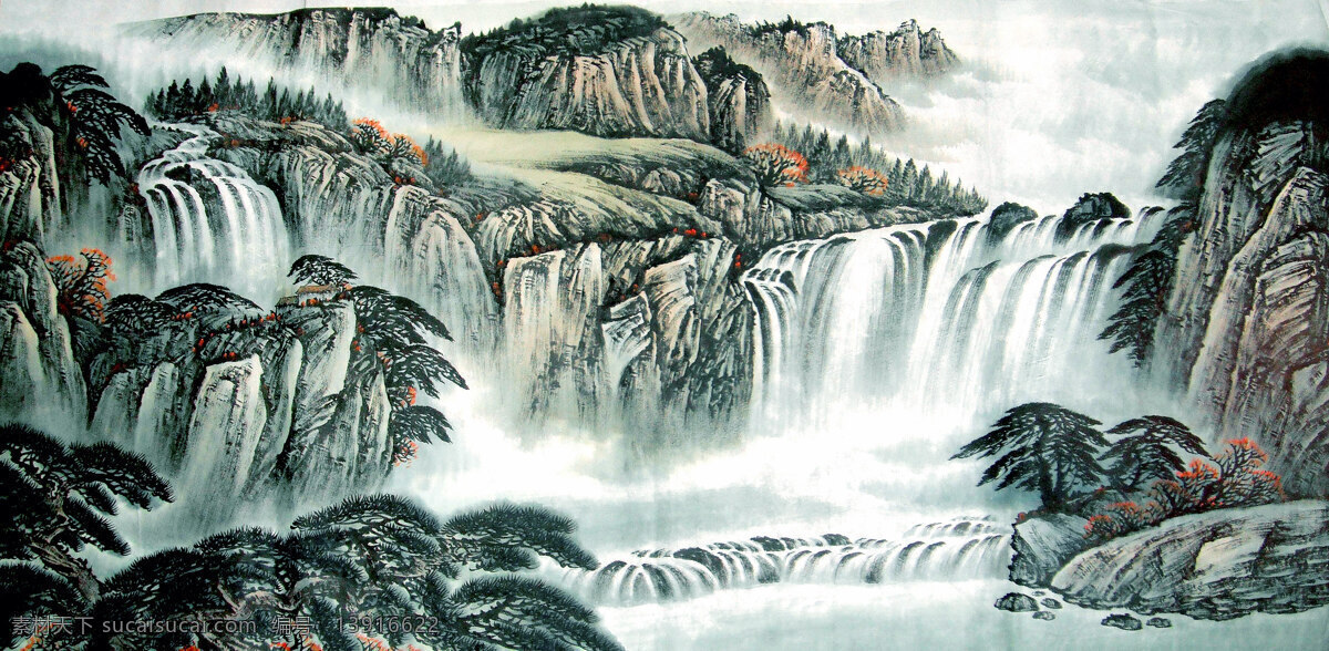 国画艺术 绘画 绘画书法 美术 瀑布 山地 山峰 山岭 飞瀑图 中国画 水墨画 写意画 水潭 树林 树木 云雾 书法 印章 山水 专辑 二 文化艺术 装饰素材 雕刻 图案