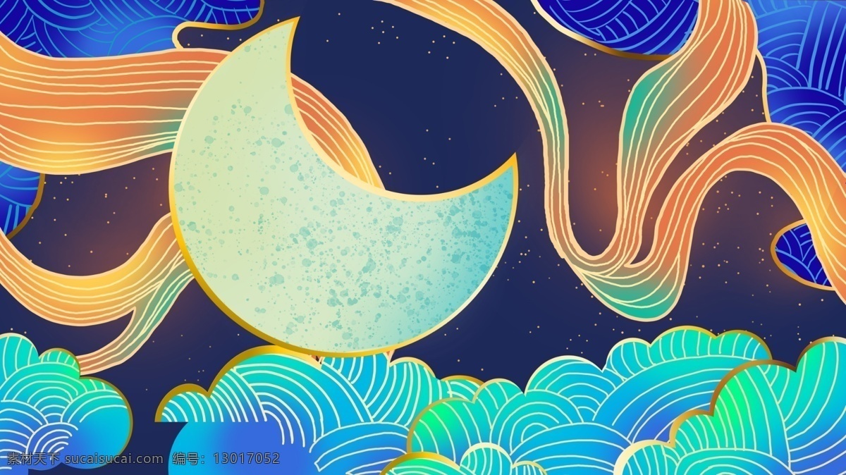 五彩 云彩 中 弯 月卡 通 背景 月亮 卡通 夜晚 祥云