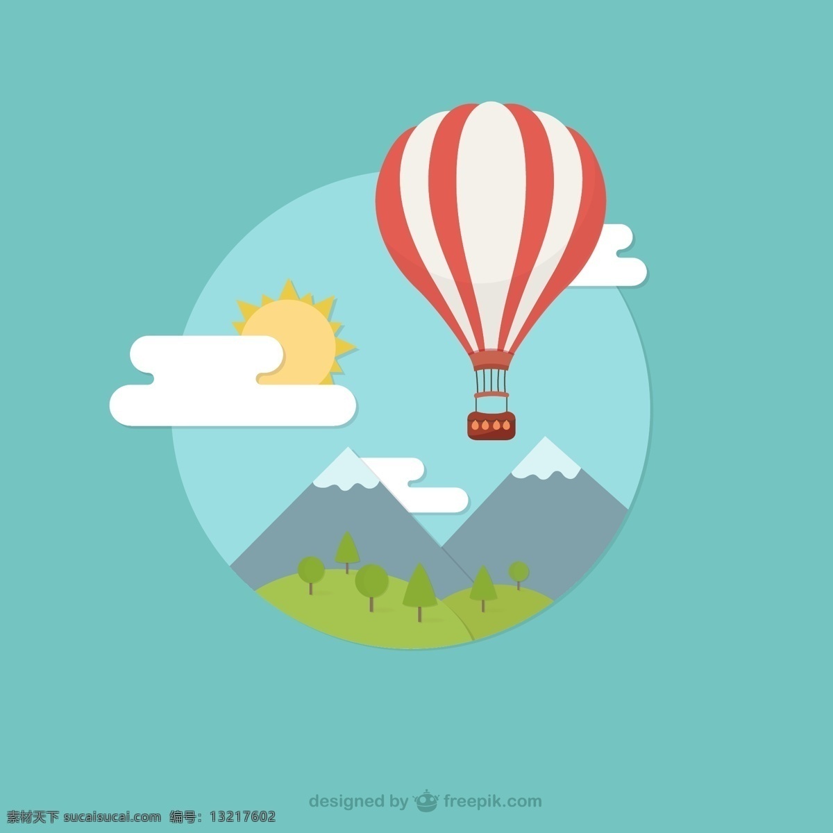 创意 热气球 风景 创意热气球 卡通 热气球与风景 太阳 树林 白云 高山