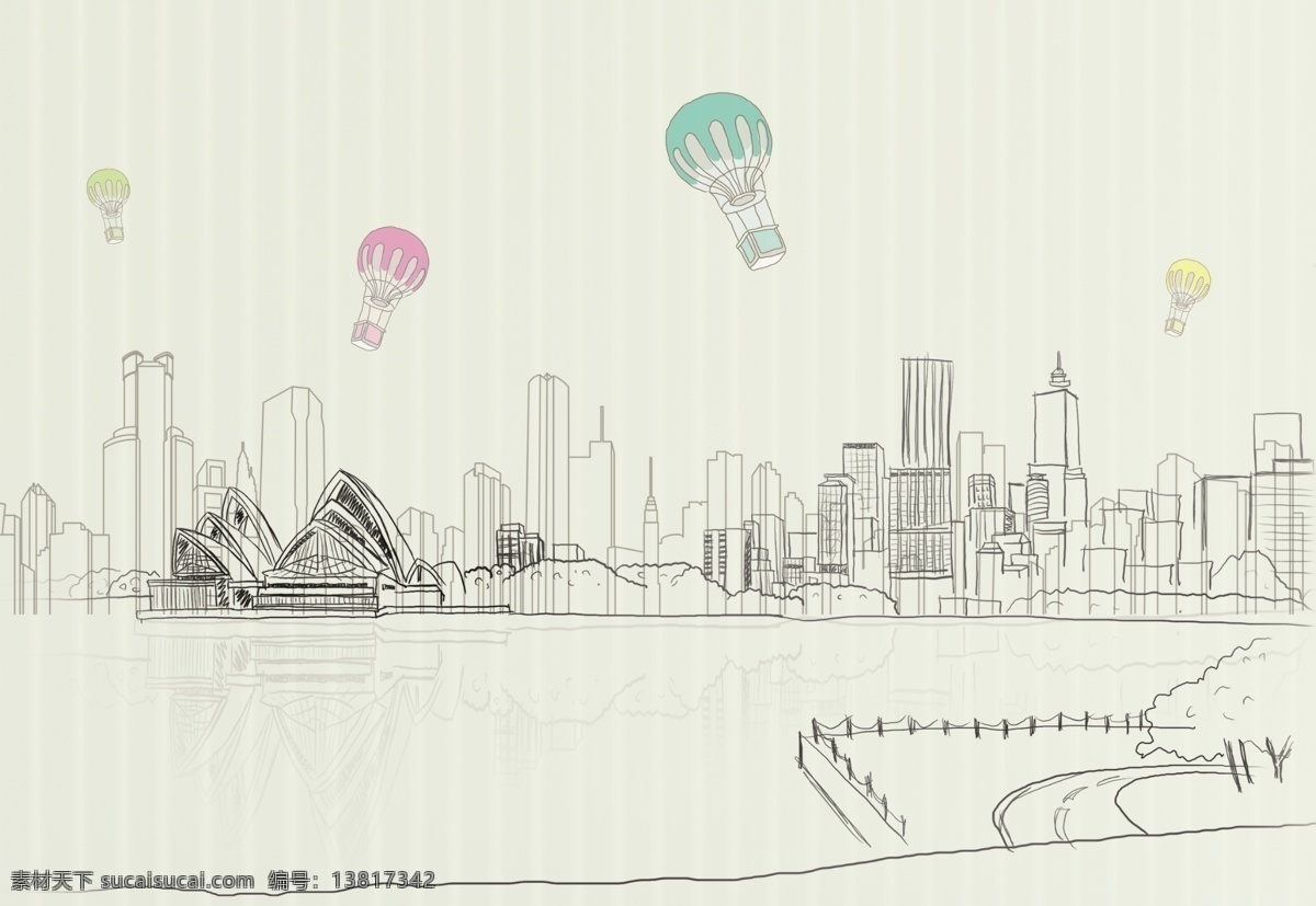 线条城市 线条 简笔画 城市 建筑 热气球 抽象 原创 分层 背景素材