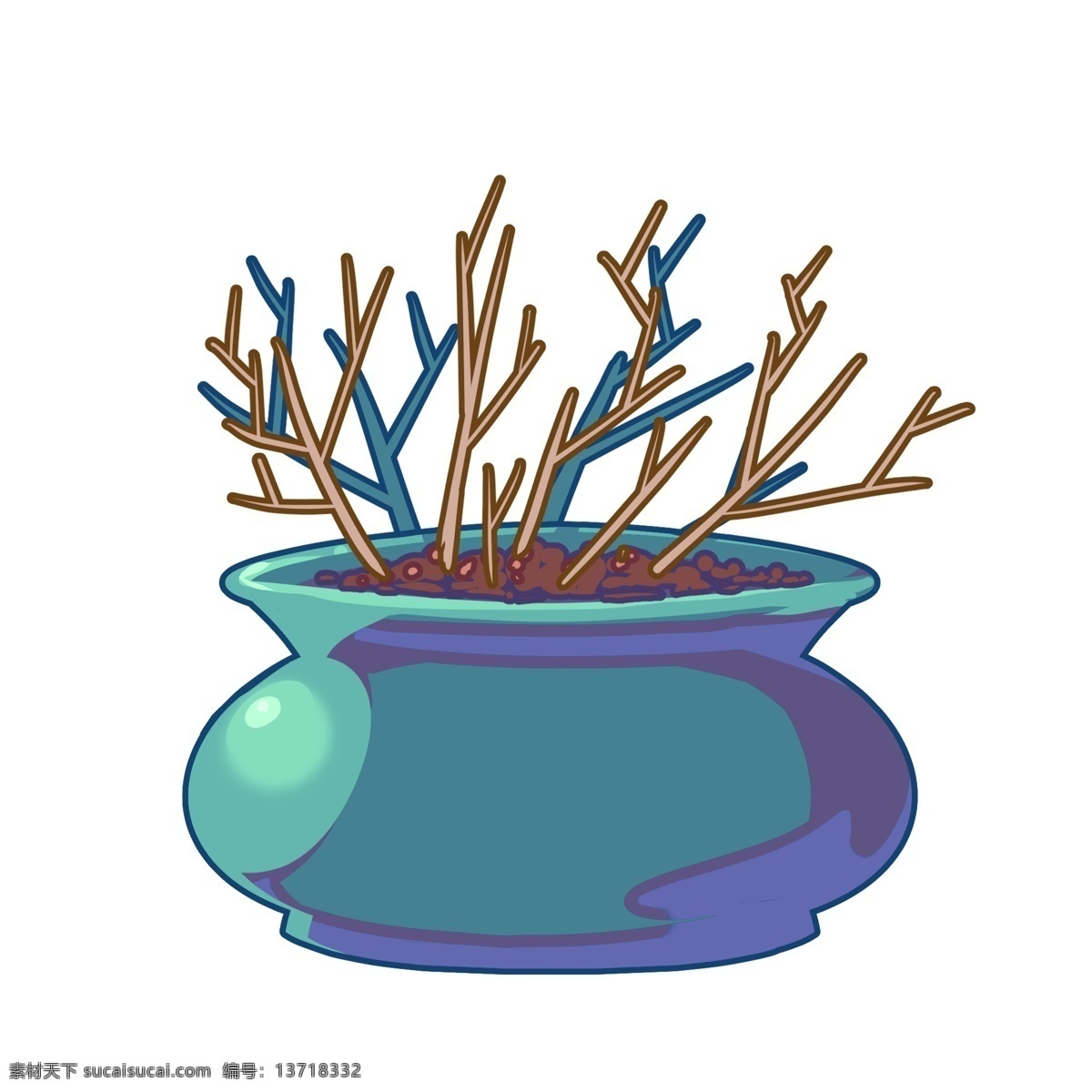 蓝色 盆景 卡通 插画 盆栽 蓝色的花盆 卡通家具插画 圆形花盆 创意盆景插画 家居 家居装饰 树枝