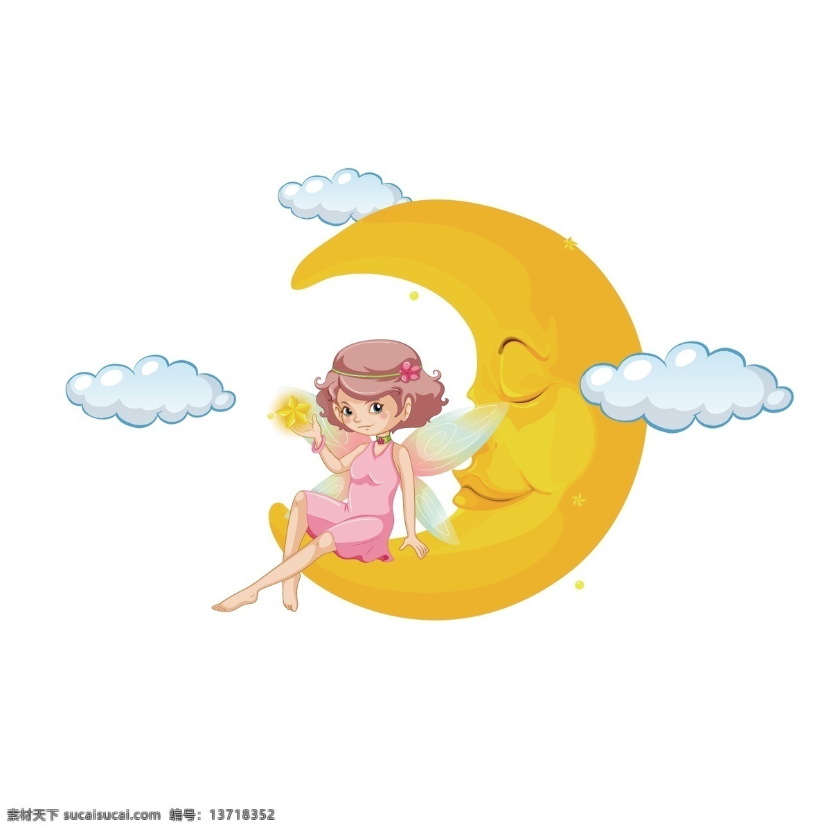 卡通 坐在 月亮 上 面的 女孩 矢量 卡通女孩 可爱 可爱女孩 黄色 黄色月亮 月球 云朵 白云 夜空