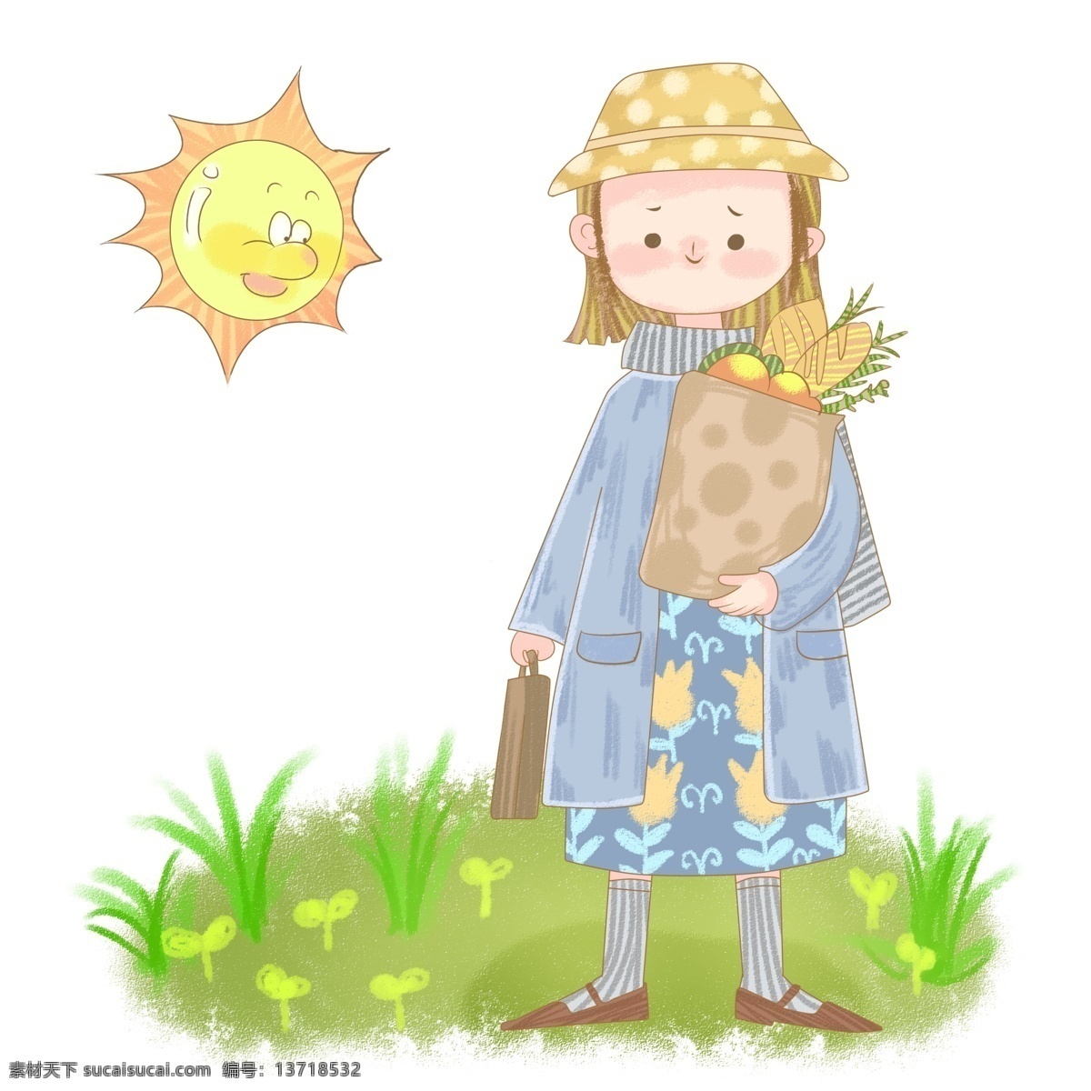 手绘 小 清新 春游 踏青 春季 春天 绿色 太阳 卡通女孩 植物 叶子 小草 小清新 踏春插画 春游插画