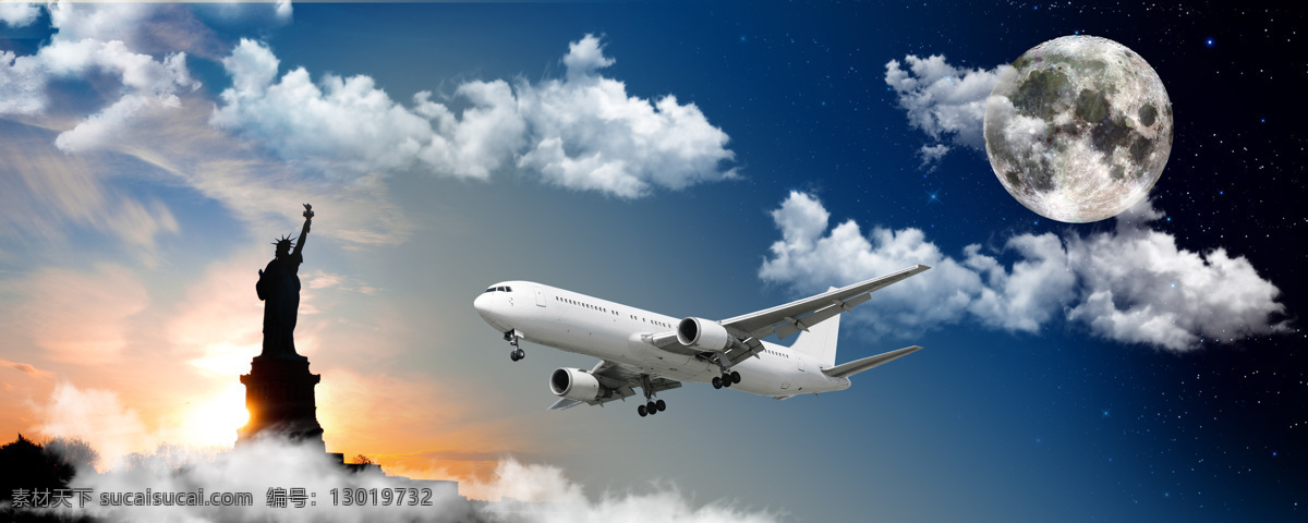 飞机 自由 女神像 自由女神像 交通工具 客机 蓝天白云 天空 飞机图片 现代科技