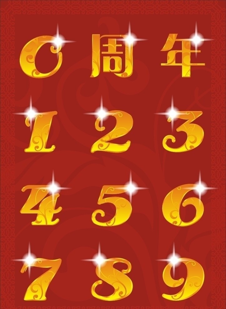立体字 数字 阿拉伯数字 金色 效果 发光 花纹 周年 矢量