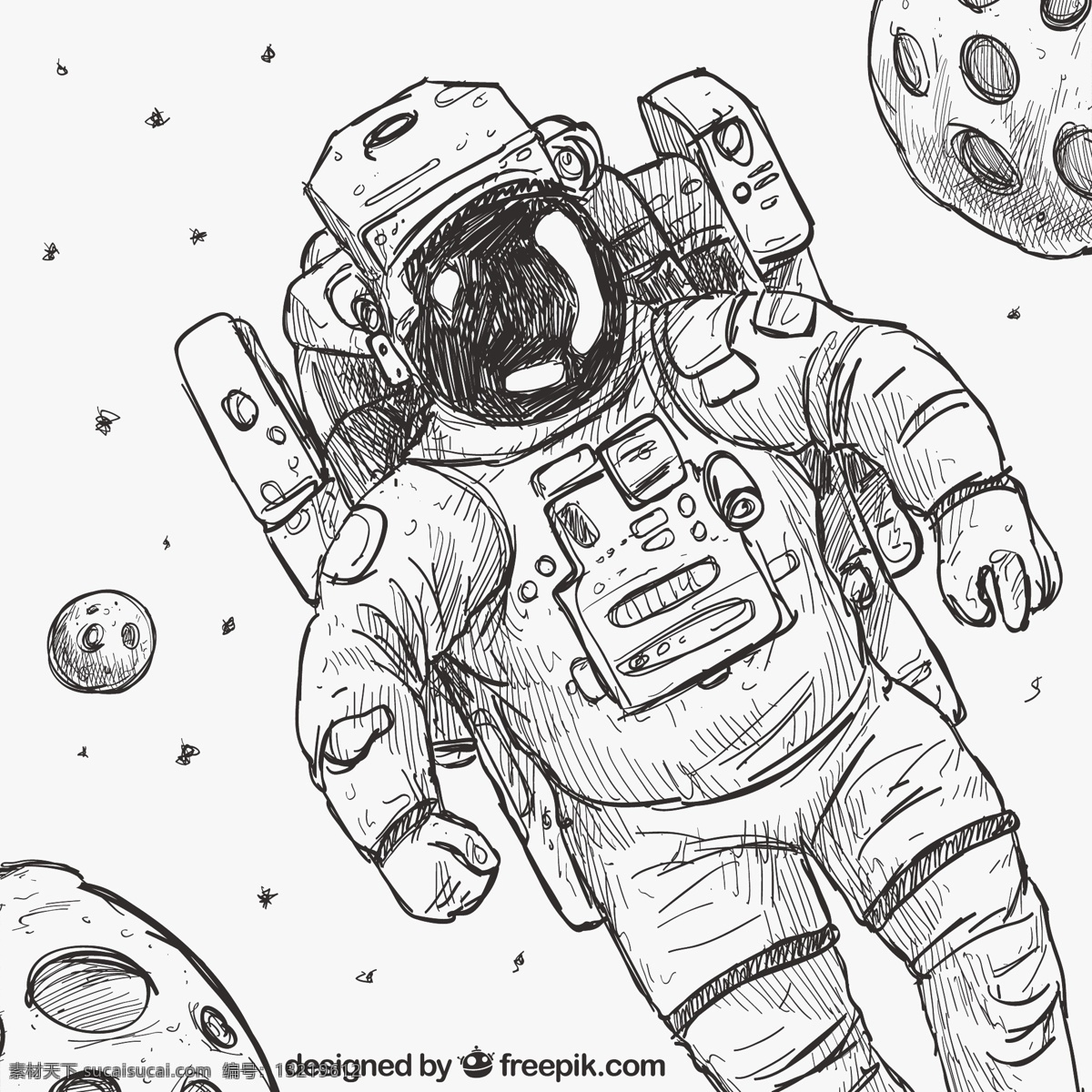 手绘的宇航员 一方面 手绘 空间 星系 星球 插图 绘画 宇航员 宇宙 手工绘图 绘制 外层空间 粗略的 外 白色