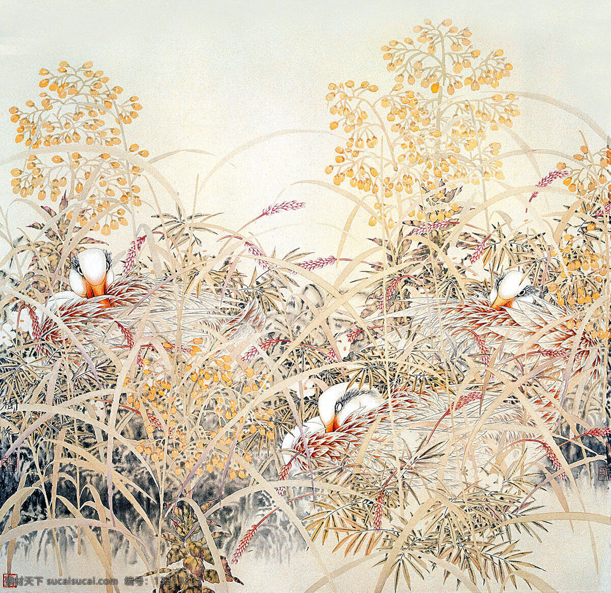 彩墨画 国画艺术 绘画 绘画书法 美术 清凉 书法 清馨曲 中国画 植物 树丛 鸭 白鸭 印章 国画集33 文化艺术 装饰素材 雕刻 图案