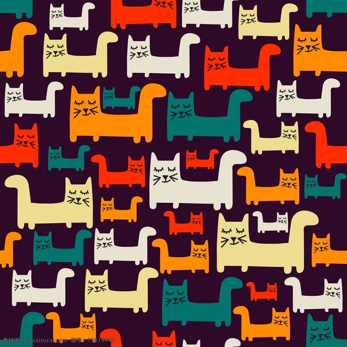 彩色图案猫 背景 图案 自然 动物 猫 手绘 涂鸦 素描 装饰 绘画 马赛克 无缝 循环 粗略