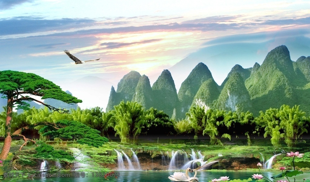 山水风景 清新 山水 中式山水 水面 雄鹰 树林 环境设计 家居设计