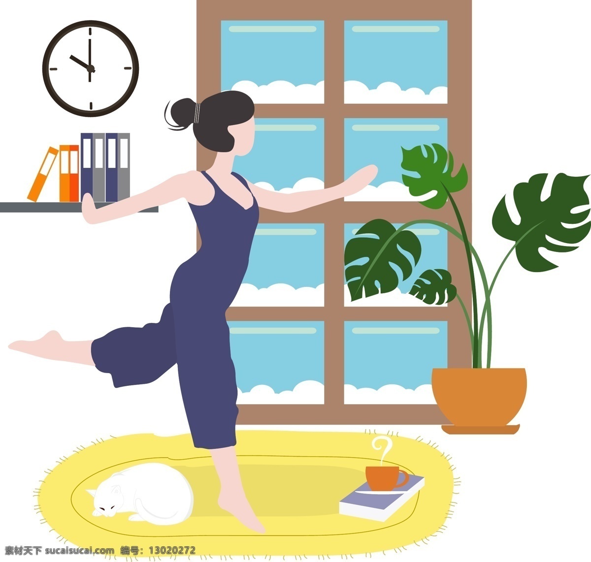 卡通 插 画风 练 瑜伽 女孩 室内 家居 卧室 健身 养生 锻炼的女人 房间 地毯 睡觉的猫眯 时钟