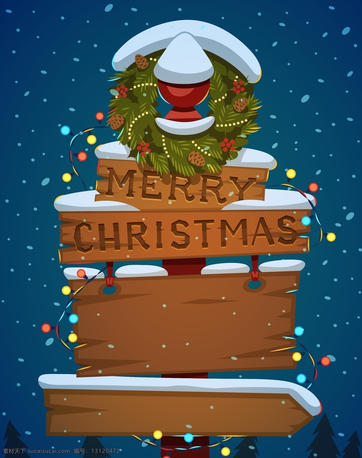矢量 圣诞节 卡通 木板 指引 牌 背景 蓝色 圣诞树 手绘 童趣 夜晚 指引牌