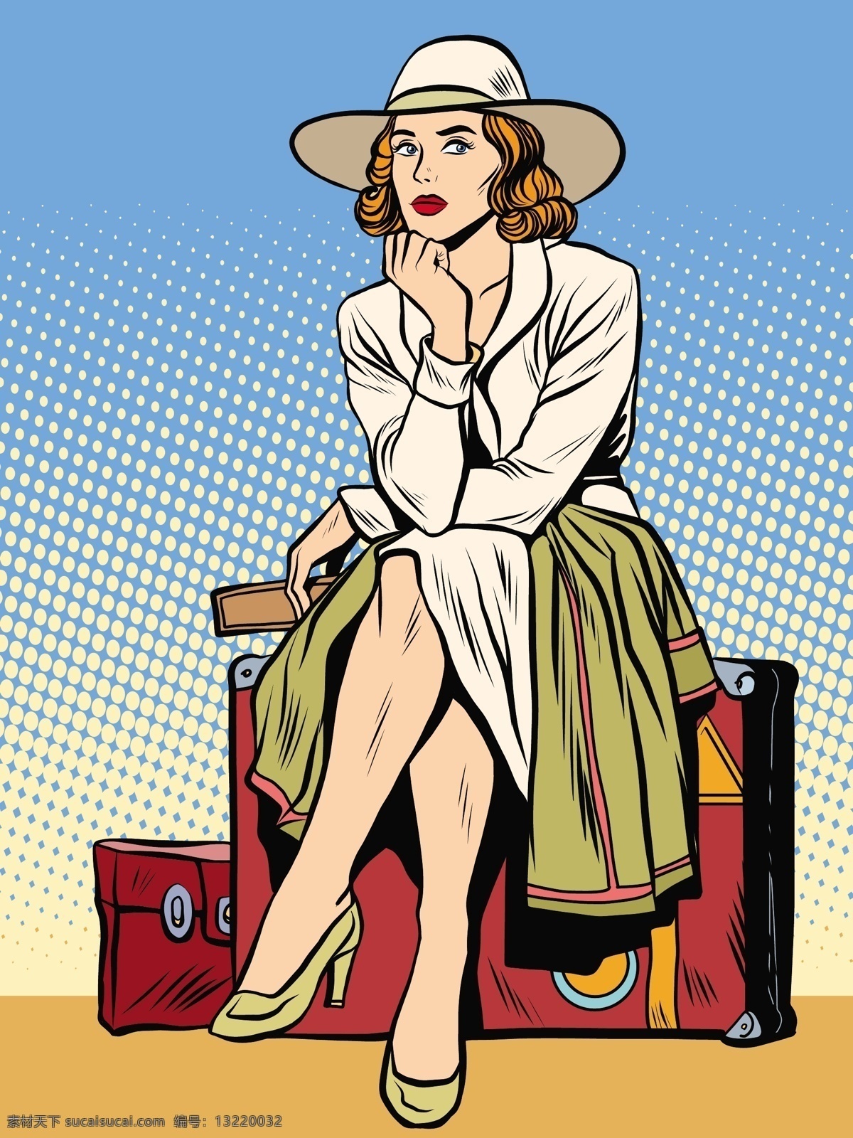 趣味 时尚 手绘 女人 插画 旅行 旅行箱 帽子