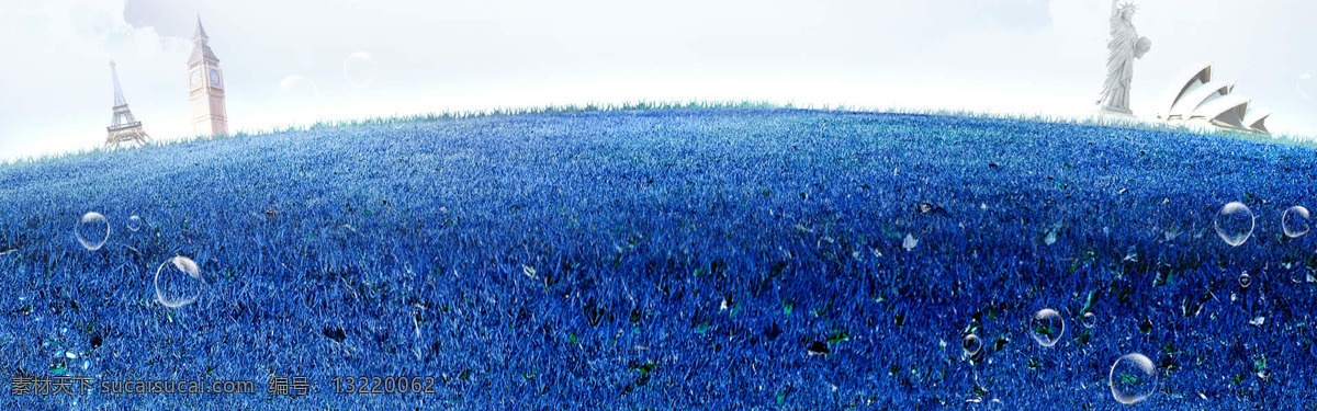 唯美 蓝色 花海 banner 背景 蓝色花海 透明泡泡
