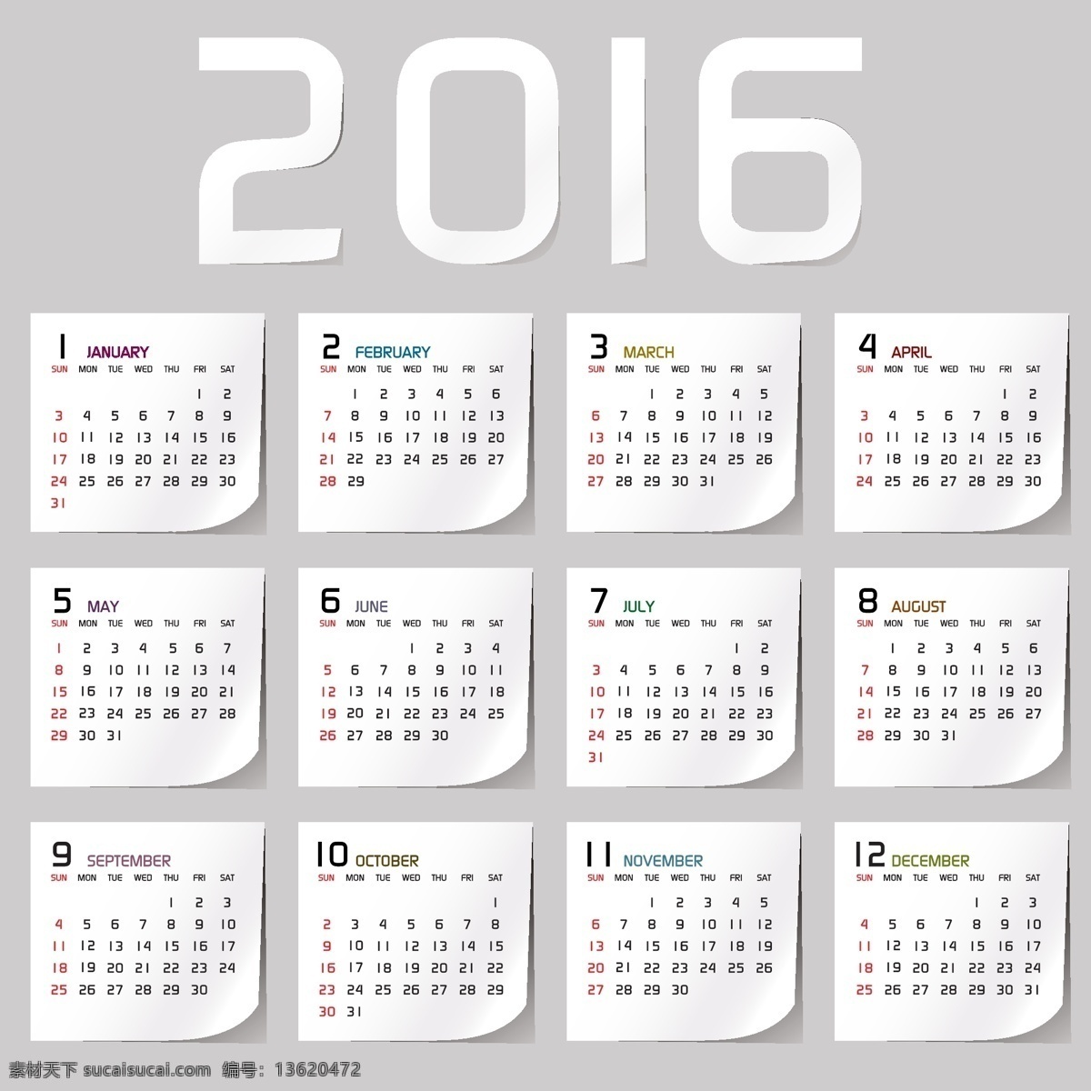 2016 年 日历 灰色 色调 年历 模板 猴年素材 台历 月历 挂历 元旦 节日素材 矢量 白色