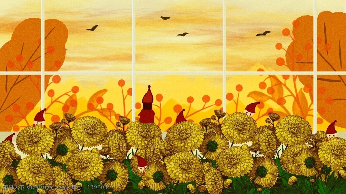 秋天 秋分 温室 里 菊花 精灵 原创 手绘 插画 花仙子 花朵 菊花朵 秋天来了