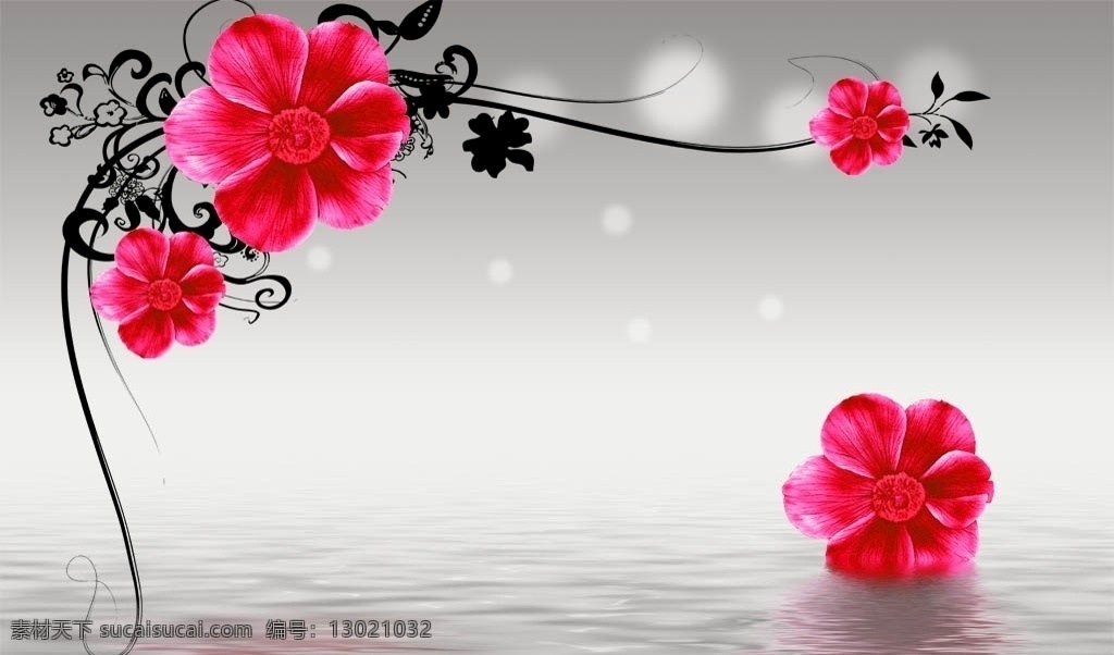 红花 倒影 背景 墙 花瓣 梅花 桃花 花藤 线条 星光 现代 时尚 简约 水纹 壁画 背景墙 分层