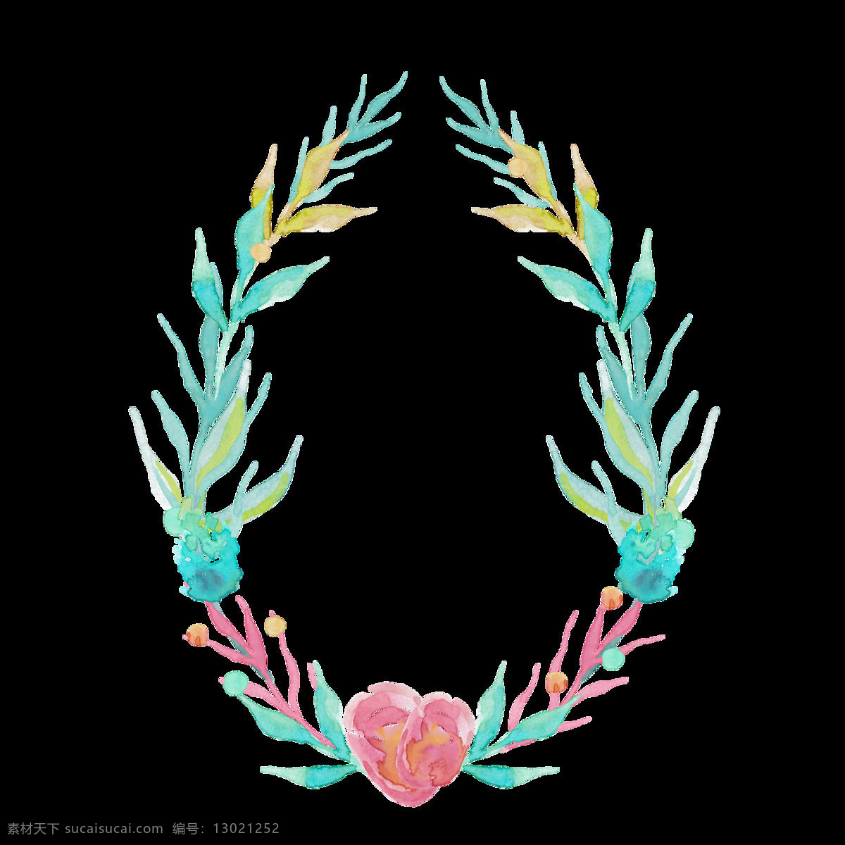 清新 简约 薄荷 蓝 叶子 手绘 花环 装饰 元素 深粉色花朵 植物 装饰元素