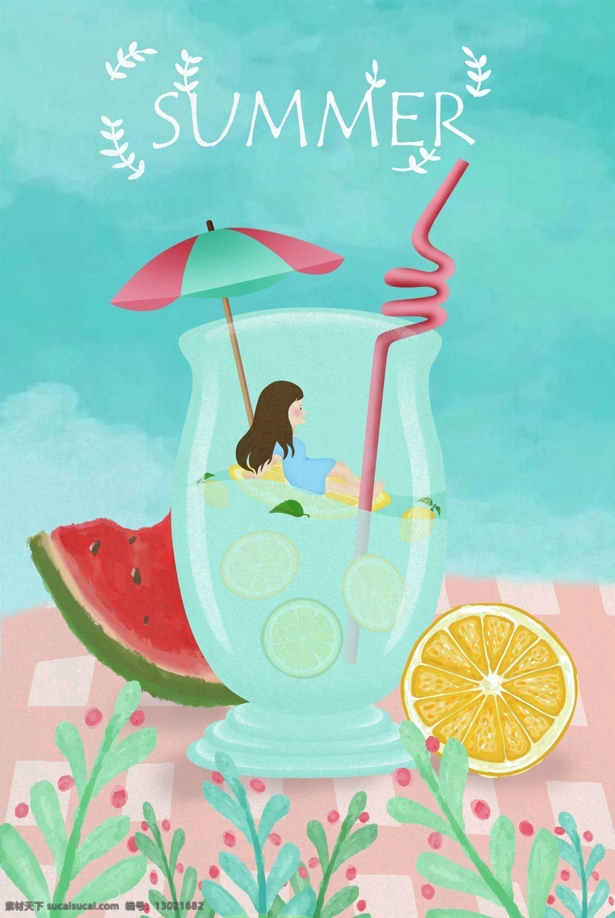 清新 夏日 宣传海报 背景 夏天 柠檬水 橙子 西瓜 女孩 太阳伞 吸管 植物 手绘 summer