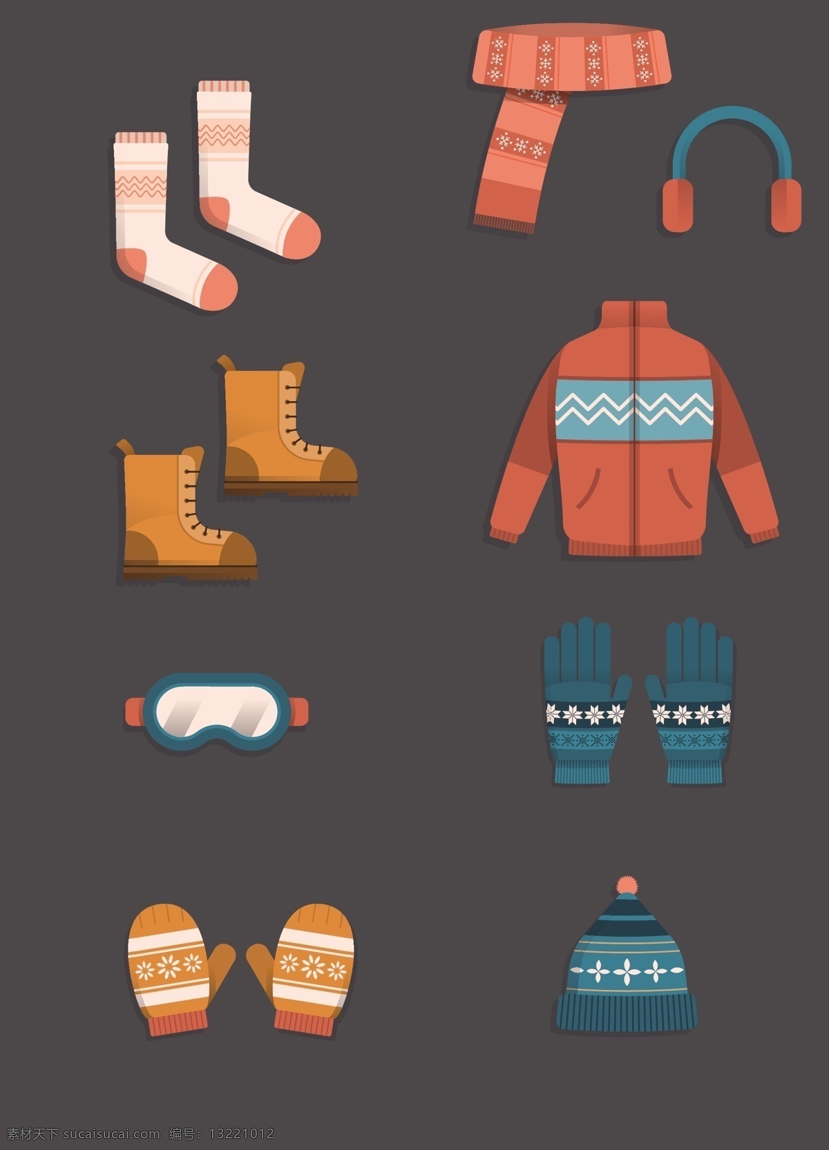 扁平 冬天 衣物 插画 袜子 鞋子 衣服 围巾 手套 用品