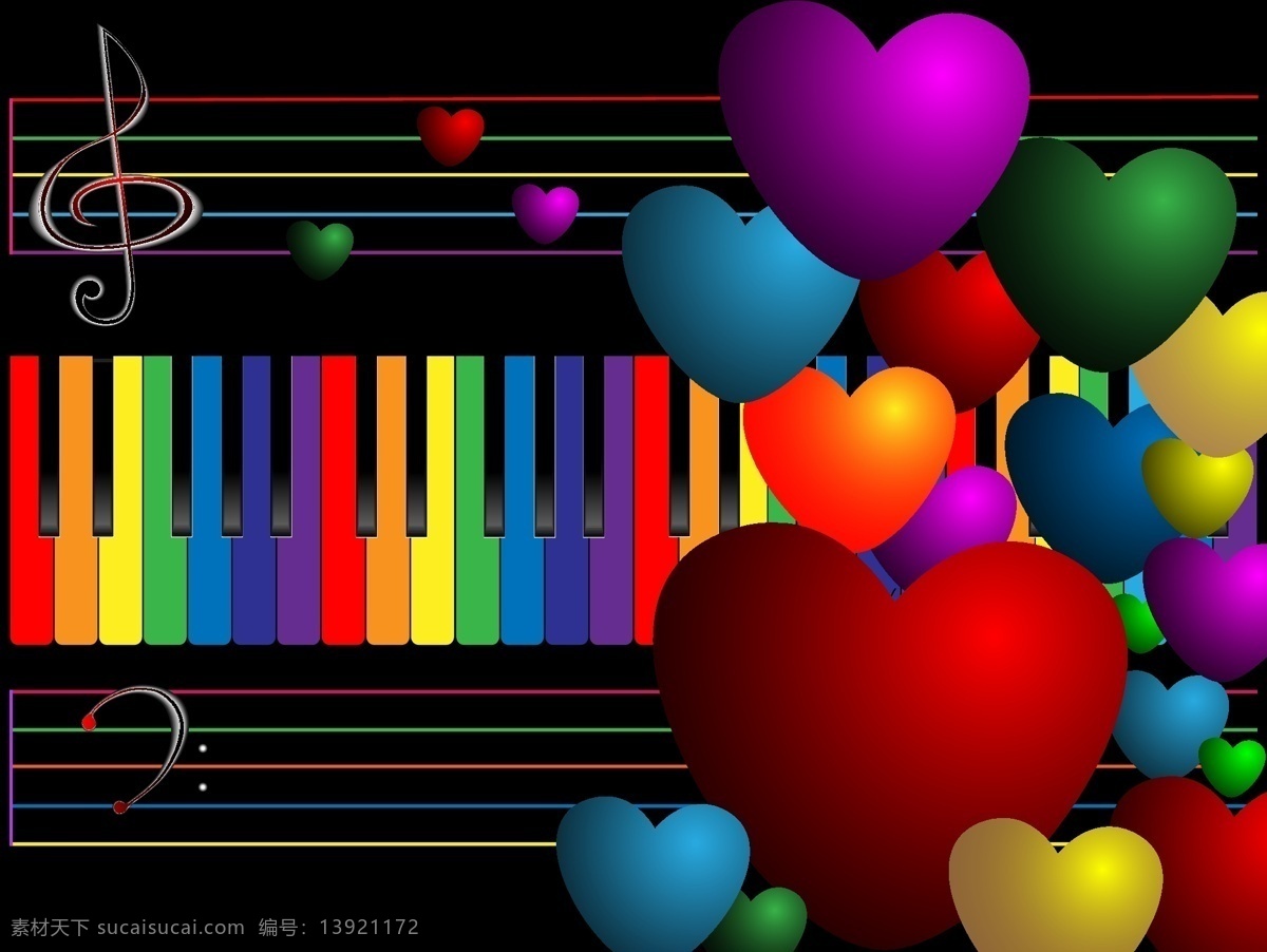 多彩 美妙 音乐 主题 矢量 插图 潮流 钢琴 琴键 桃心 心型 音符 唱机 电影音乐 矢量图 其他矢量图