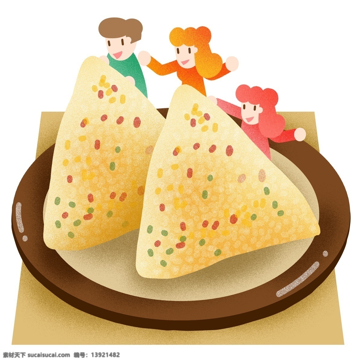 端午节 糯米 粽子 插画 绿色 包粽子 粽叶 端午 习俗 美食 食物 男孩女孩 免扣png