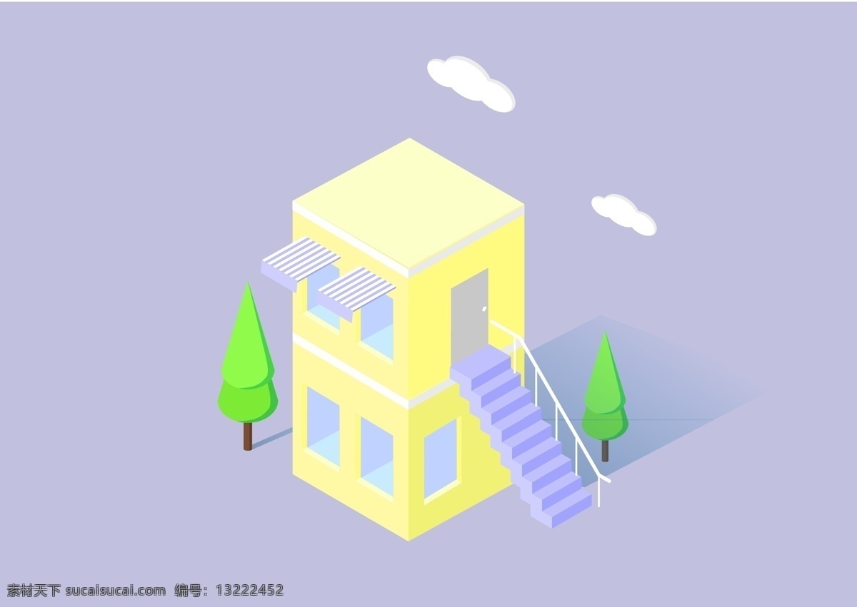 d 立体 双层 居民楼 元素 黄色 卡通 2.5d