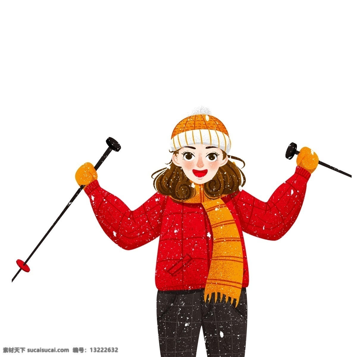 大雪 中 开心 滑雪 女孩 人物 插画 元素 卡通 清新 唯美 冬季 冬天 人物设计 插画设计 冬天滑雪