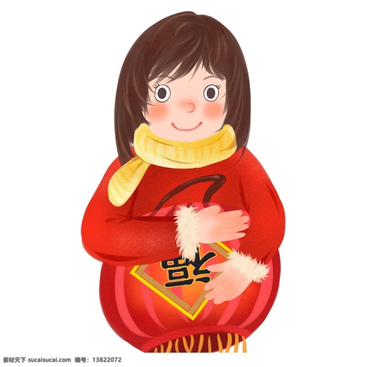 手绘 春节 抱 灯笼 女孩 中国风 人物 插画 喜庆 猪年 卡通