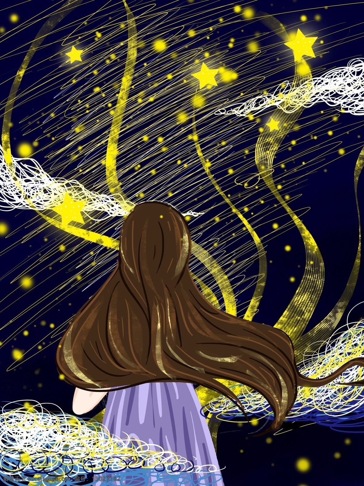 线条 星空 下 女孩 插画 云 梦幻 绘画 配图 插图 原创 线条风