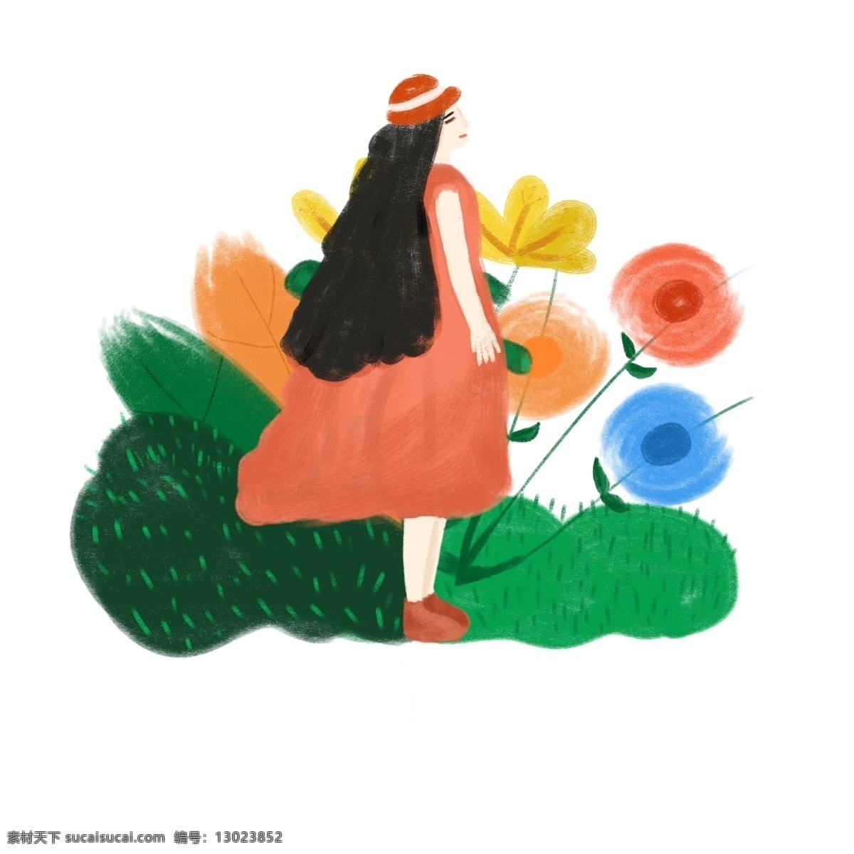 手绘 女孩 文艺 创意 唯美 插画 花朵 花草 小清新 简约 迎风 帽子 可爱 免扣 色彩 春色 花开 花园