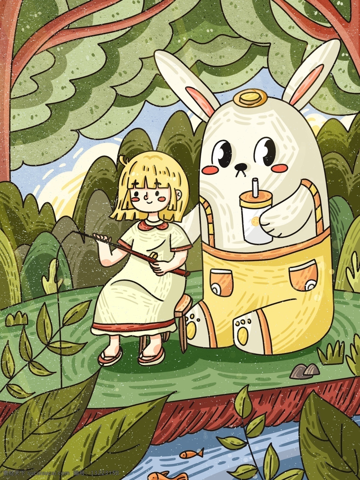 池塘 钓鱼 女孩 创意 插画 背景 绿色 渐变 卡通 动物