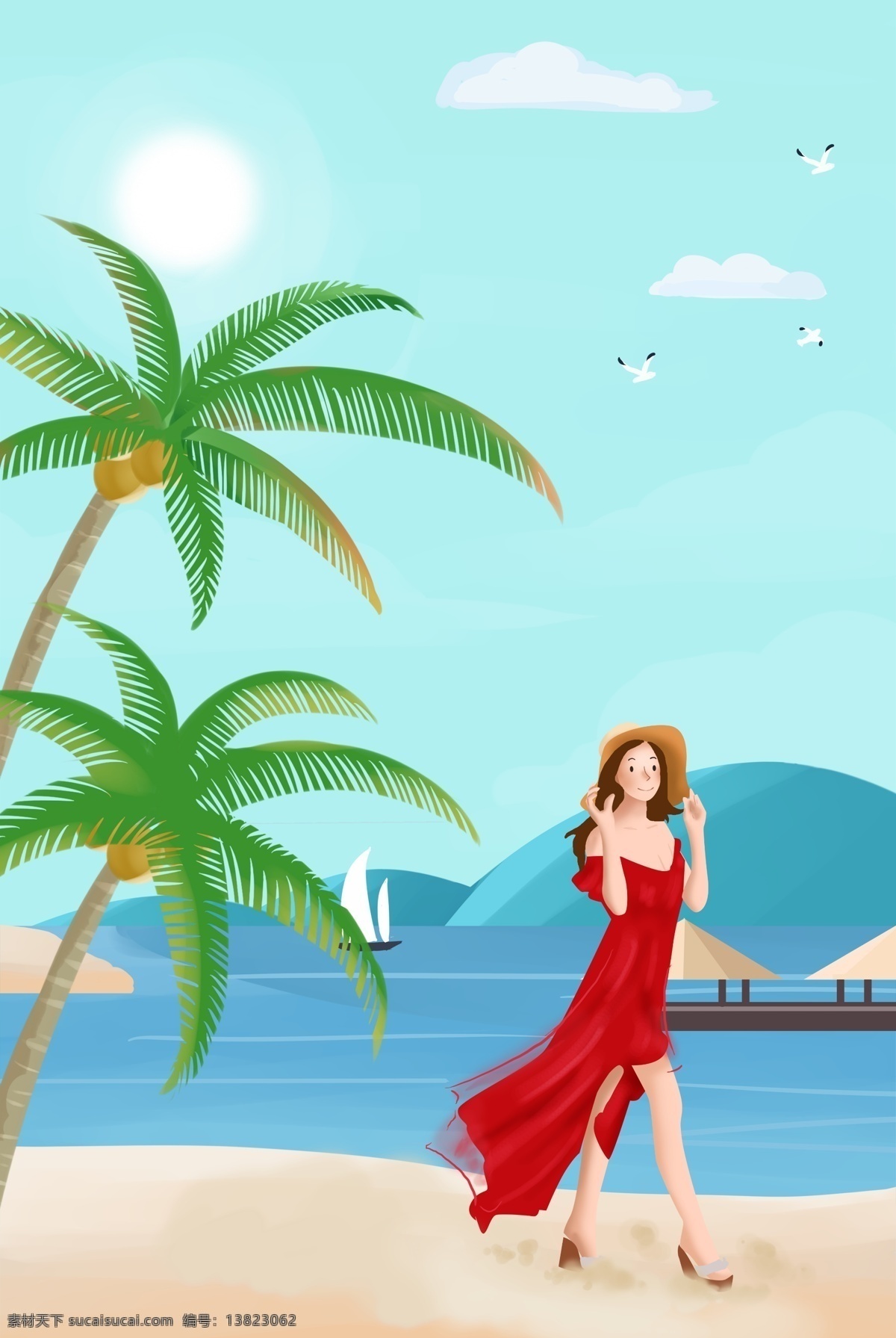 美女 度假 沙滩 背景 海报 巴厘岛 旅游 旅行 暑期 暑假 夏天