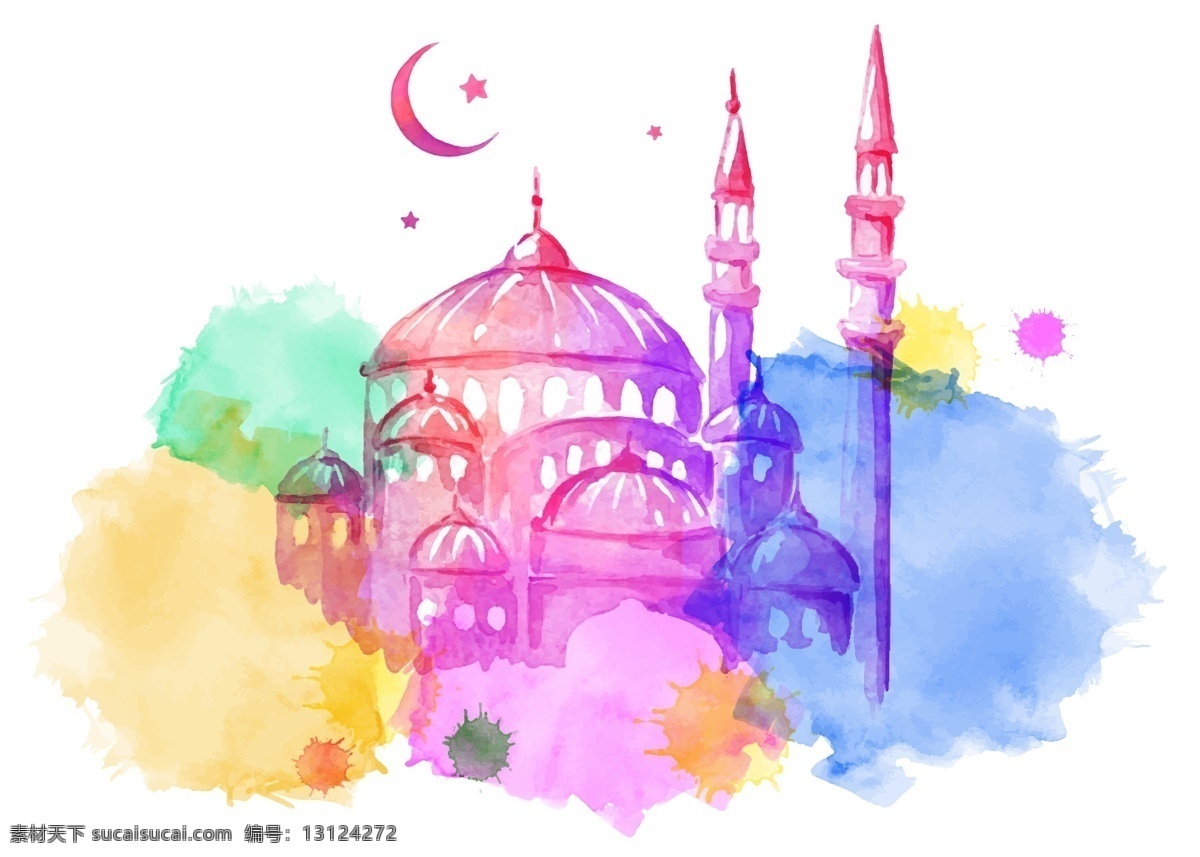 斋月 伊斯兰教 清真寺 宰牲节 水彩 水墨画 阿拉伯风格 阿拉伯图案 宗教 信仰 矢量 文化艺术 节日庆祝