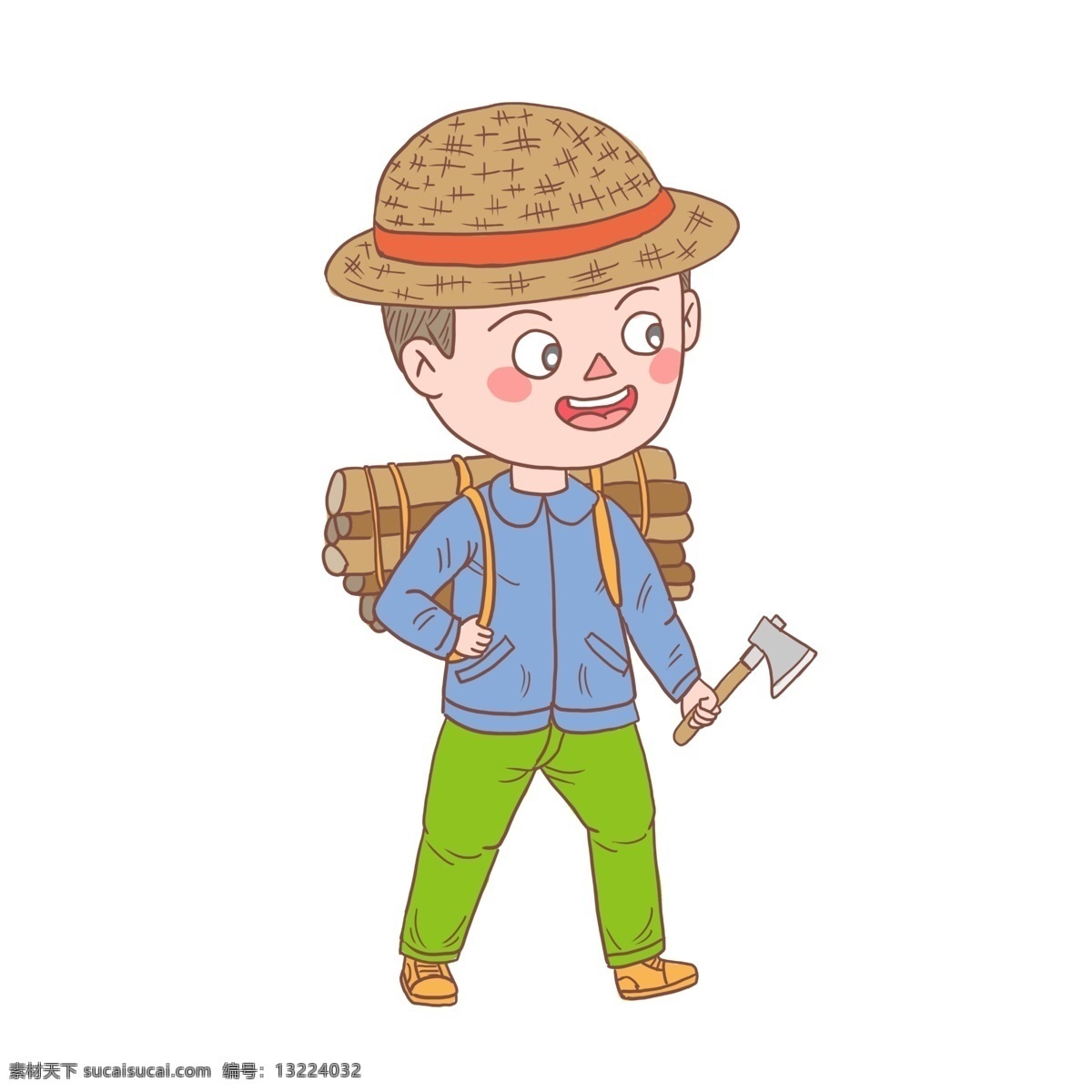 卡通 手绘 人物 砍柴 人 手账 简笔画 工作少年 男孩 开心男生 农民 砍柴人 斧头 柴火