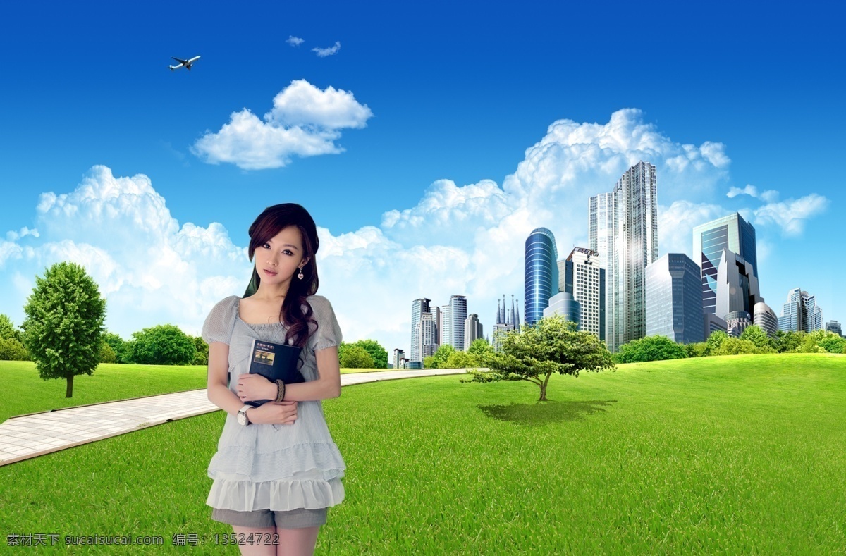 房地产 广告 房地产广告 美女 蓝天白云 草地 楼房 广告素材 广告设计模板 源文件