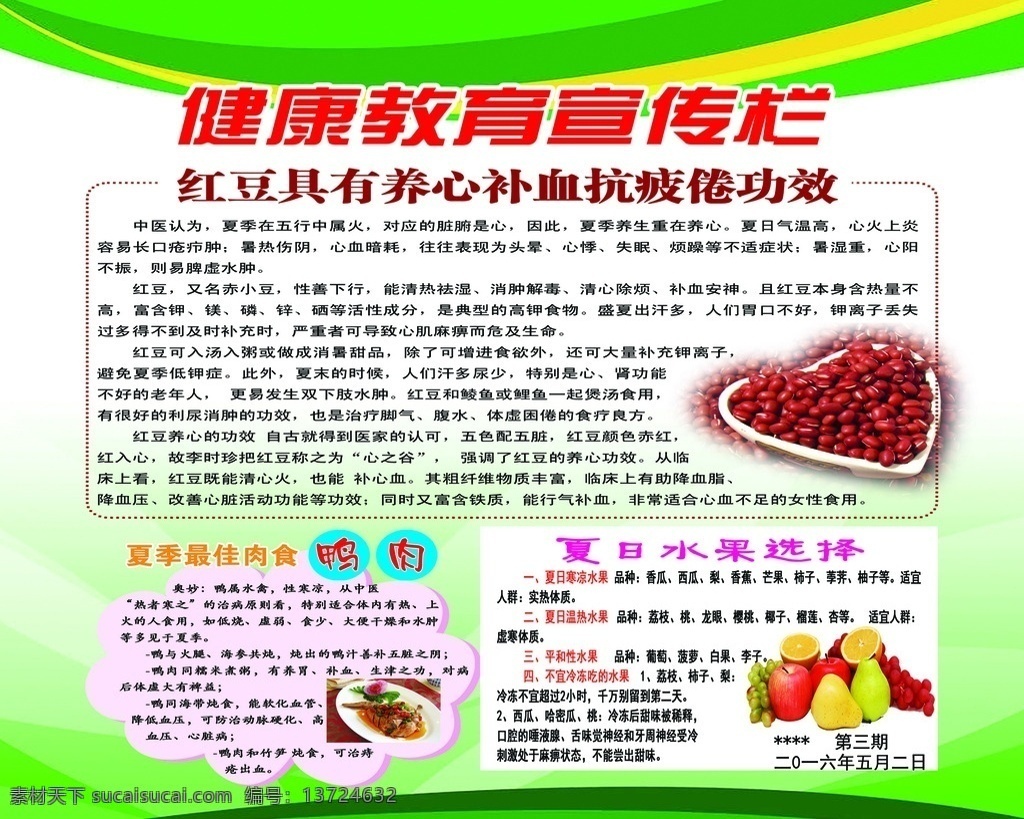 健康教育 宣传栏 绿底 红豆 水果 鸭肉 图型 夏季宣传栏