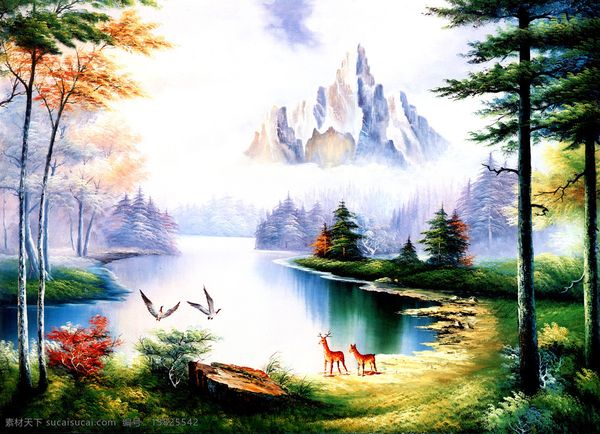 郊外 高清 山水风景 油画 大图 丹顶鹤 动物 风景 湖水 山水 装饰素材