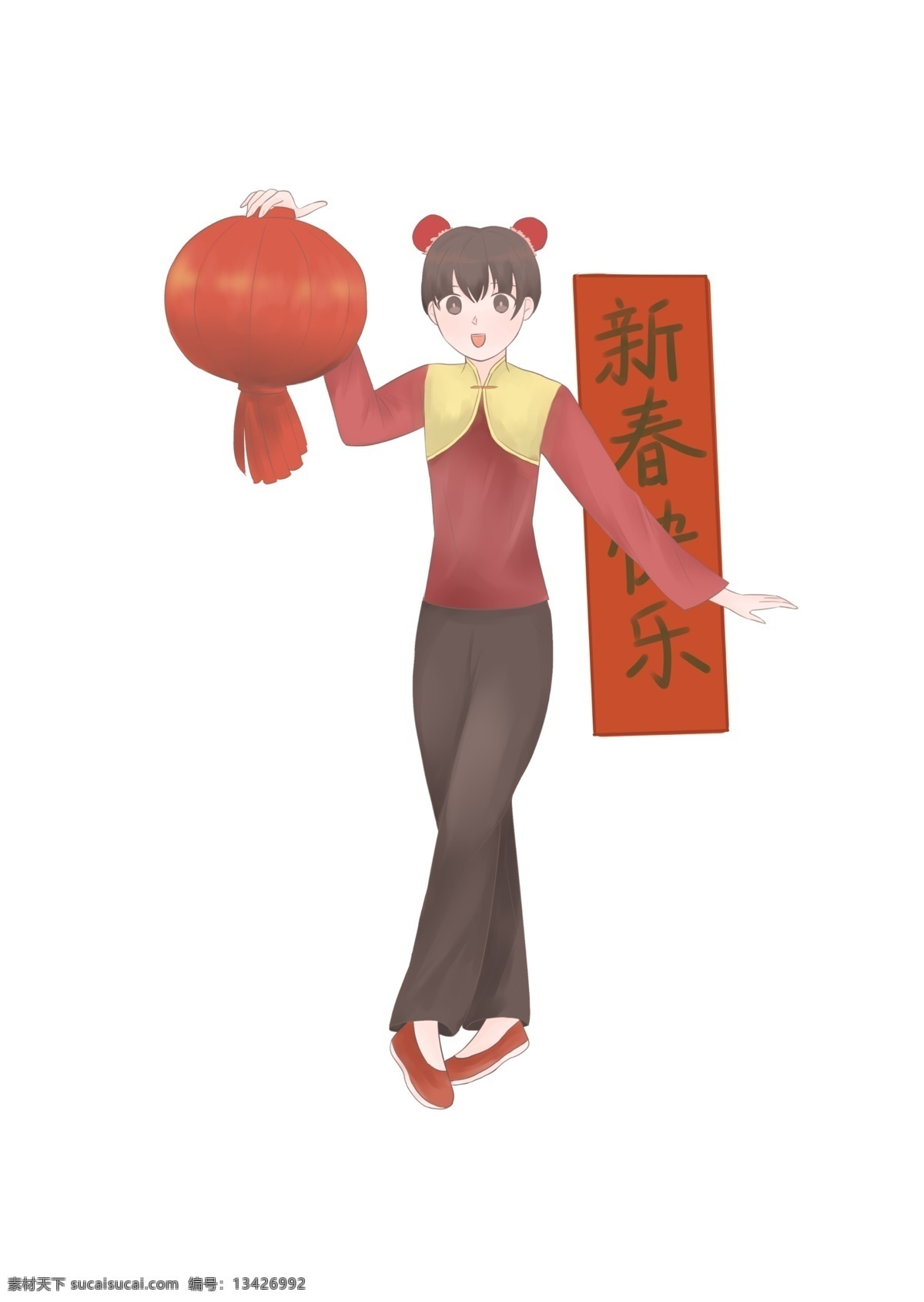 春节 人物 灯笼 插画 漂亮的小女孩 红色的对联 红色的灯笼 红色的发带 手绘