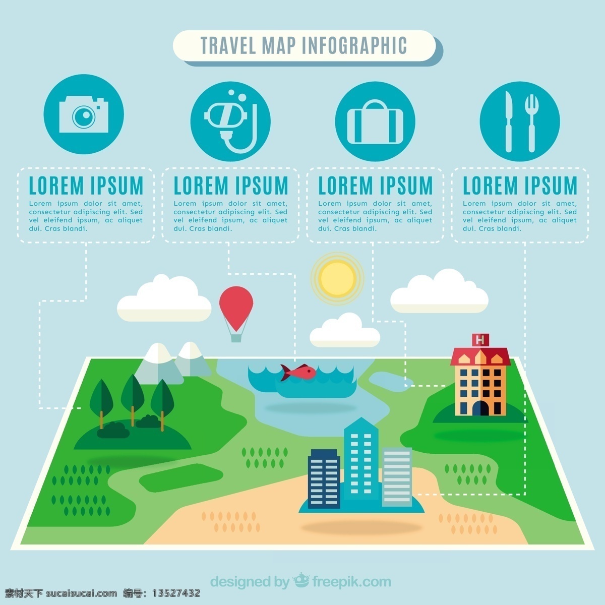 轻松 旅游 信息 图 图表 商务 旅行 相机 地图 鱼 模板 图形 气球 酒店 数字 数据 要素 钓鱼 图表元素 吃 手提箱