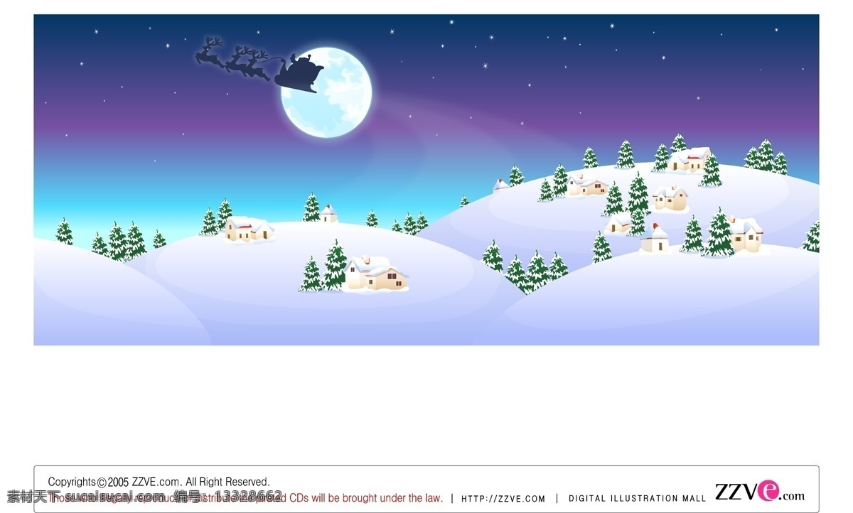 圣诞节 雪景 矢量 节日 风景 松树 月亮 星空 房子 麋鹿 雪橇 雪夜 冬季矢量图 冬季卡通图 白色