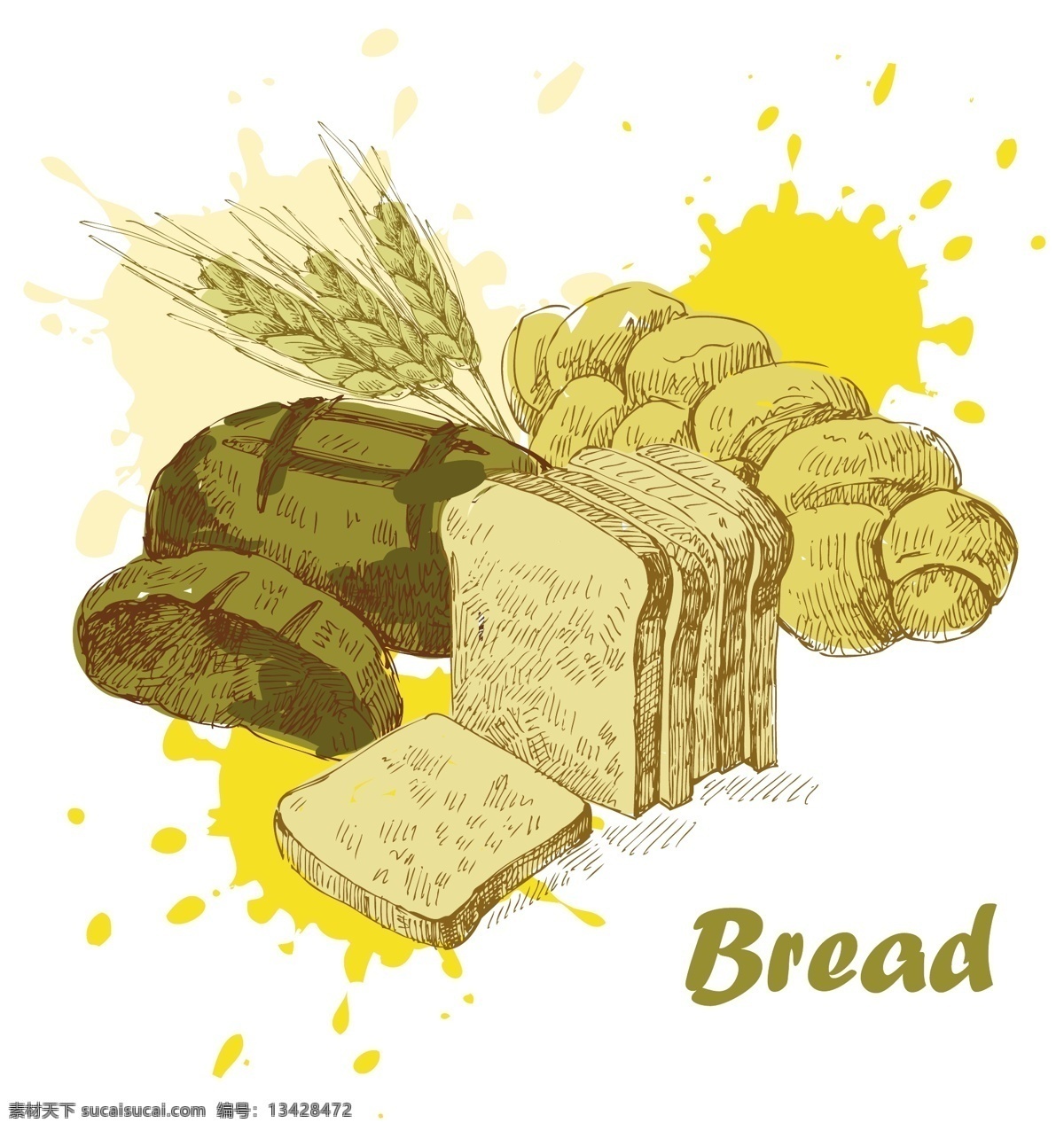 面包 手绘 插画 墨迹 喷溅 泼墨 食物 矢量素材 线条 小麦 矢量图 日常生活