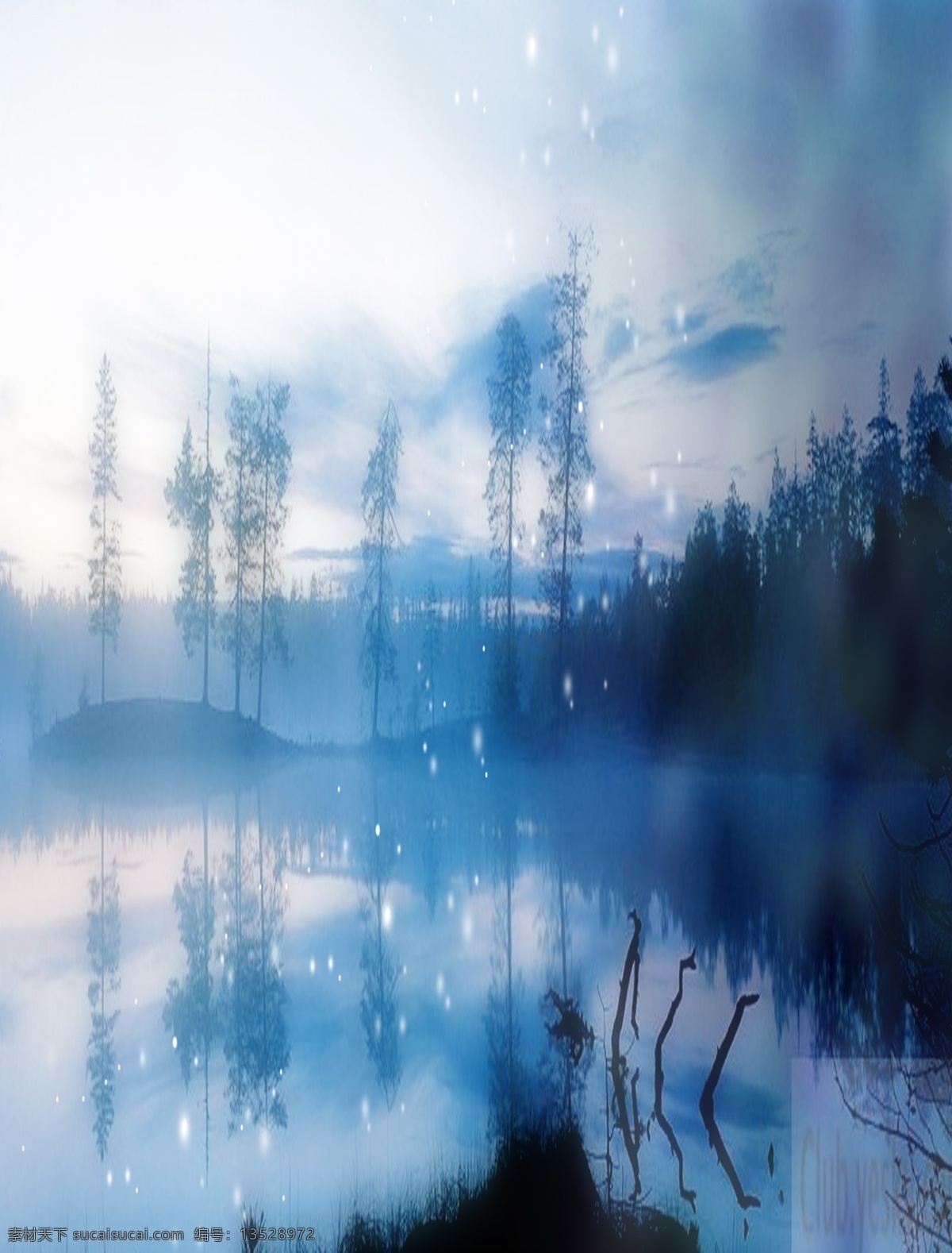 蓝色 静谧 湖边 树林 装饰画 背景 墙画
