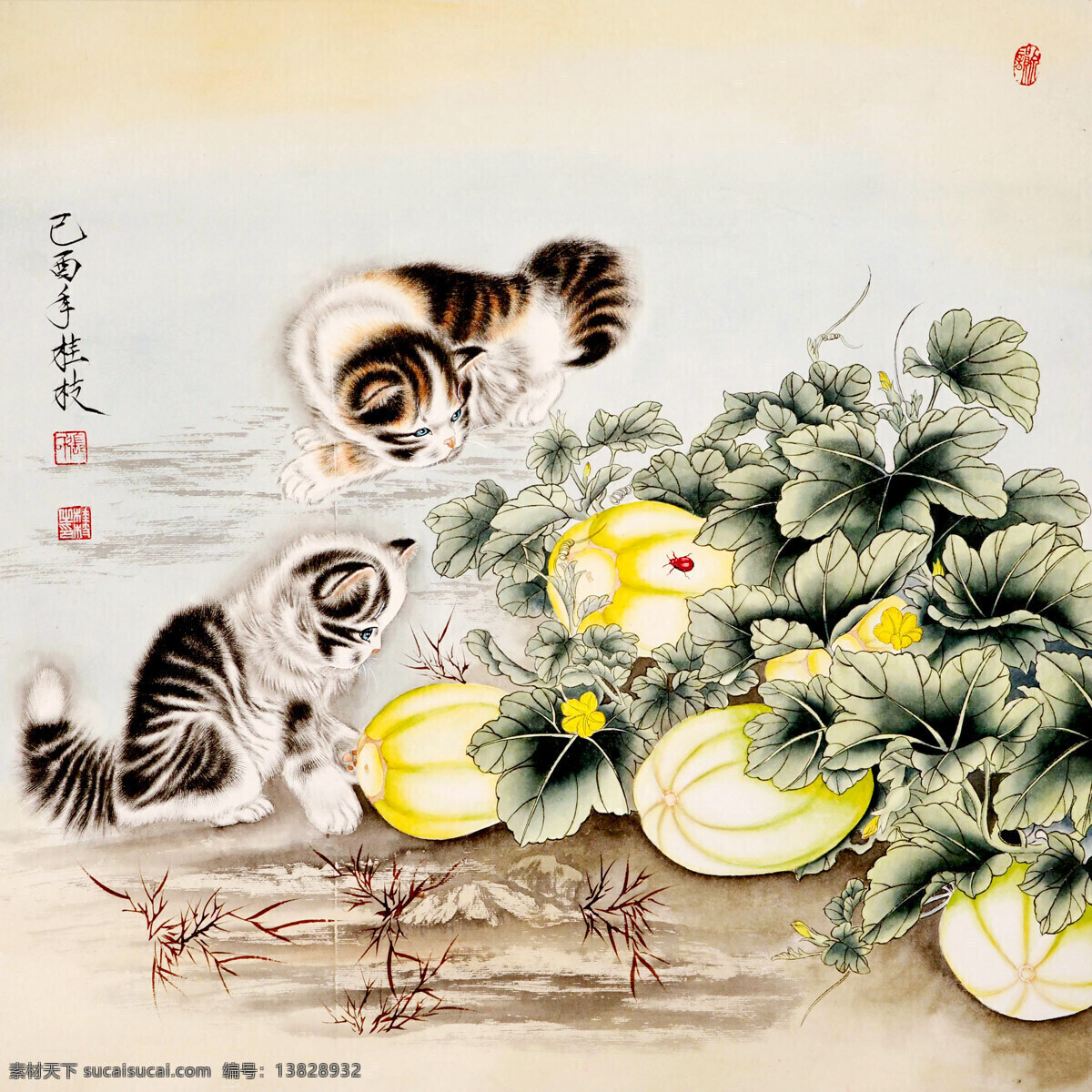 工笔画 国画艺术 绘画 绘画书法 家猫 猫 书法 猫趣 中国画 水墨画 动物画 灵性 敏捷 瓜地 香瓜 叶子 红虫子 印章 国画集25 文化艺术 装饰素材 雕刻 图案